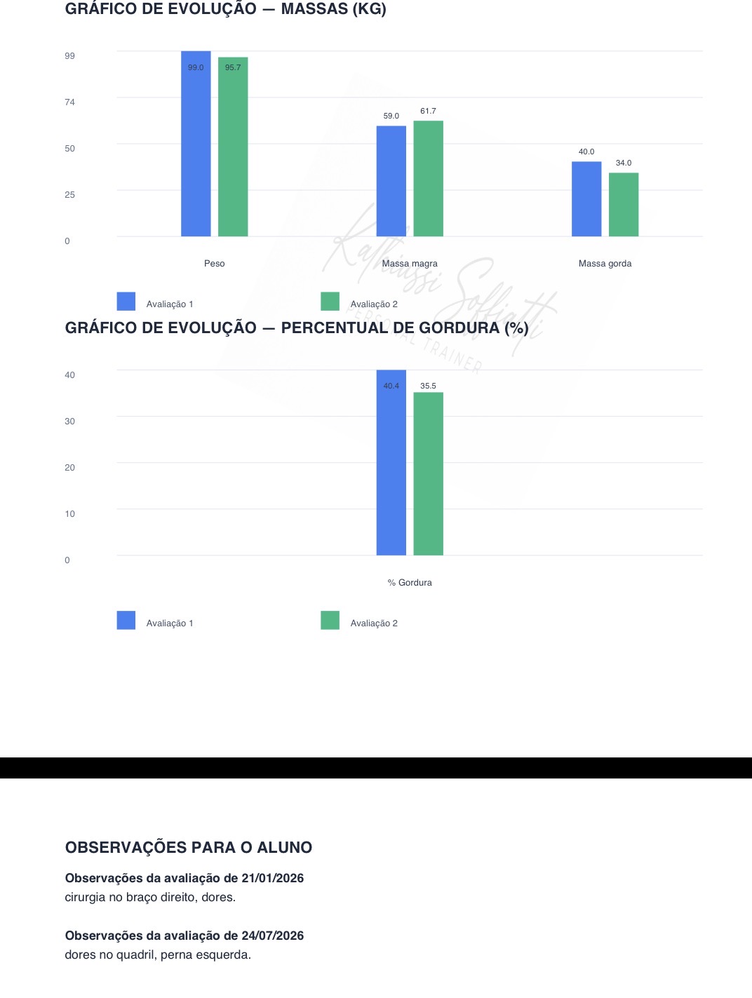 Relatório comparativo de avaliação da aluna Marina