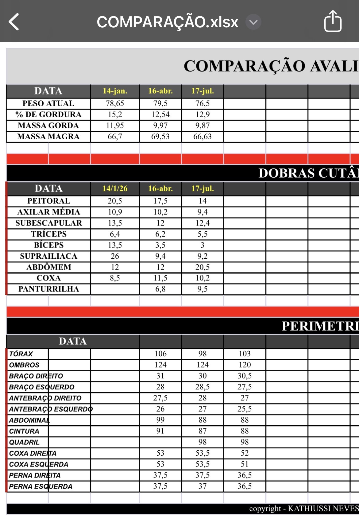 Planilha de comparação de avaliações do aluno Fernando